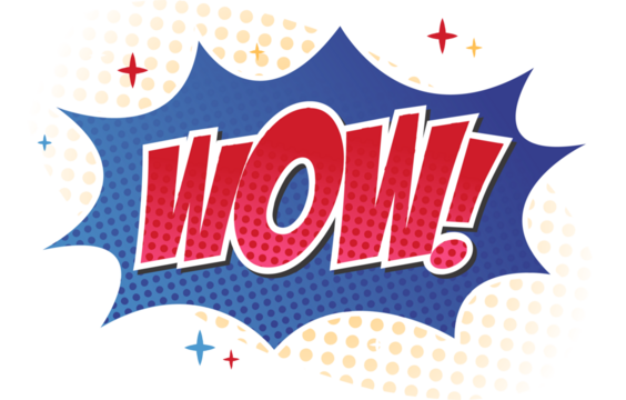 'WOW!' text is popping in comic burst bubble with yellow halftone dots, transparent background