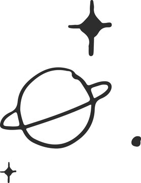 Naklejki Outlined ringed planet floating among glowing stylized stars and dot, transparent background