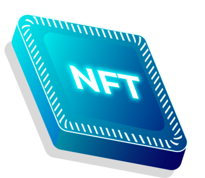 Stylized 3D token is displaying glowing NFT on cyan block with border, transparent background