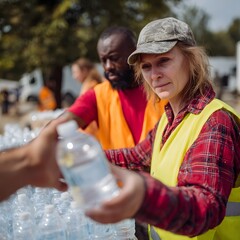 Volunteer distributing water and supplies in disaster relief zone