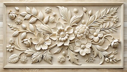 Detailed wooden floral relief carving with intricate flowers and elegant leaves