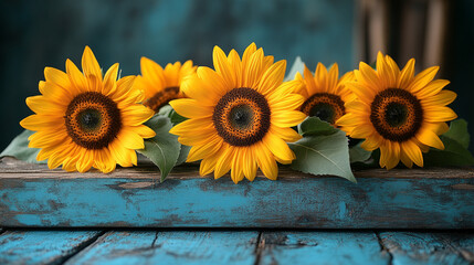 Obraz premium Sunflowers on distressed teal wooden planks; rustic floral display