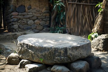 Obraz premium Ancient grinder stone near stacked rocks high resolution picture