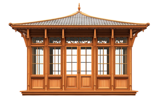A meticulously crafted wooden pavilion radiating warmth and inviting entrance with refined on transparent background