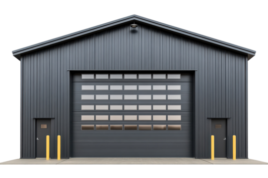 A Modern industrial warehouse standing tall with a multi windowed garage door in a clean on transparent background