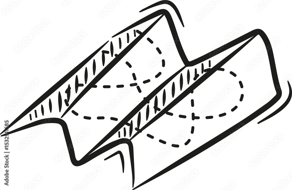 Poster Line drawing showing two wavy ribbons overlapping dashed loops and hatched edges on transparent bg