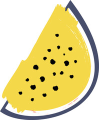 flat yellow watermelon slice is floating with rough strokes and black seeds on transparent backdrop