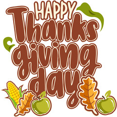 Thanksgiving greeting is showing hand-drawn text, apples, corn, leaves, transparent background