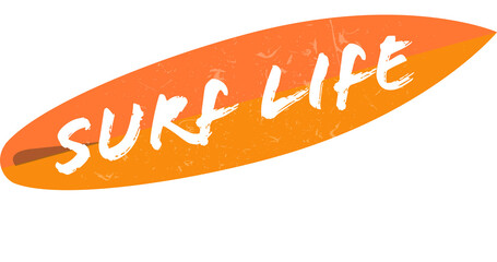 Surfboard vector is showing orange gradient white Surf Life text and waves, transparent background
