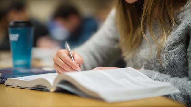Student highlighting textbook notes at shared study table - Powered by Adobe