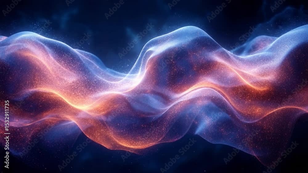 Poster Swirling Particle Wave: An abstract render featuring waves of flowing, glowing particles in cool blues and warm oranges, creating a dynamic and mesmerizing visual effect.
