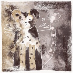 Cute Cheetah in acrylic style. Funny cat illustration. Funny kitten with angel wings art