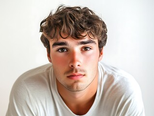 Fototapeta premium Intense Portrait of a Handsome Young Man with Brown Curly Hair
