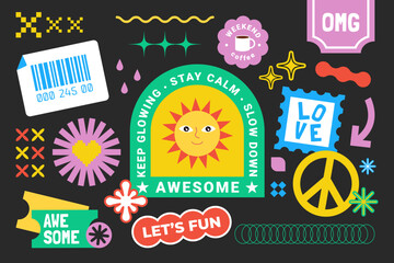 Funky hipster retrowave stickers in geometric shapes. Retro-style fun Y2K graphic collection of cool cute stickers, trendy patches, tags in groovy style. Vector illustration of y2k, 90s labels