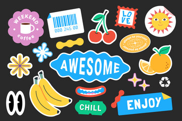 Fun Y2K Graphic Stickers and Tags in Groovy Style. Futuristic y2k patches, labels, bracelet stamps in retro style. Collection of Cool Cute Stickers with smile faces in vector illustration of y2k, 90s