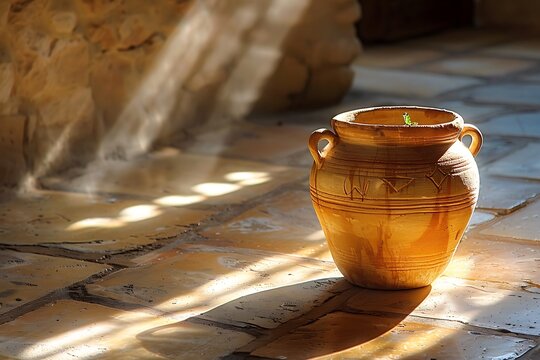 Antique clay pitcher resting in sunlight high resolution picture