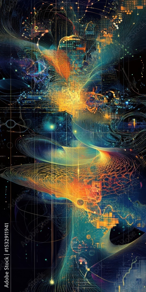 Poster abstract data visualization with intricate lines nodes and geometric shapes on dark background