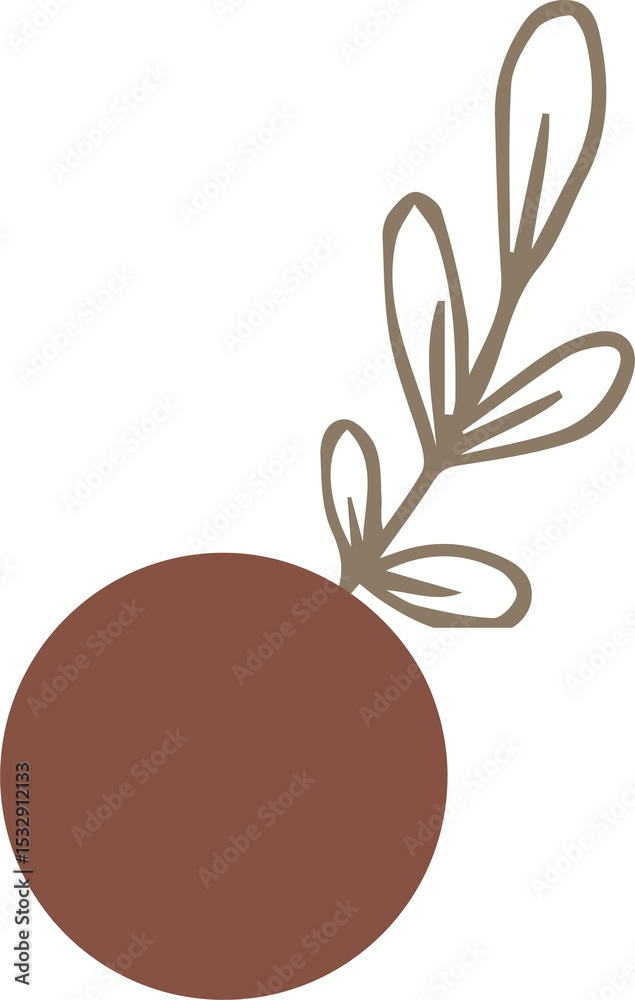 Poster flat design is showing brown circle floating on transparent background with beige botanical branch