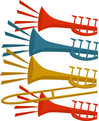 Four abstract trumpets are radiating vibrant sound waves in flat design, transparent background