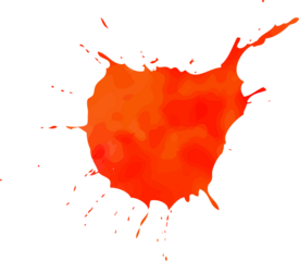 Abstract orange-red paint splatter is showing drips in flat design with transparent background