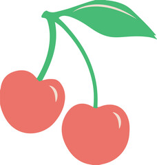 Cherries are hanging on green stems with leaf in flat design, transparent background, copy space