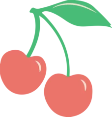 Fotobehang Aroma Cherries are hanging on green stems with leaf in flat design, transparent background, copy space  © vectorfusionart