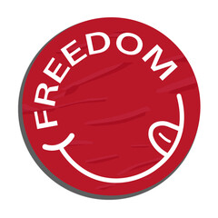 Red badge icon is showing vector with white FREEDOM arc and smiling swoosh, transparent background