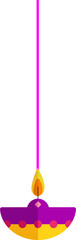 Flat vector lamp with flame is glowing on transparent backdrop with purple yellow bowl pink accent