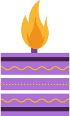 Flat candle is burning with purple stripes, yellow dots and orange flame, transparent background