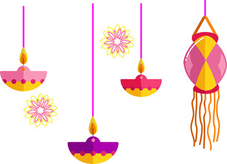 Showing hanging diyas on cords with radial floral motifs and paper lantern on transparent backdrop