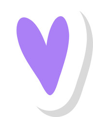 Flat abstract purple heart floating on transparent background with white outline and black shadow