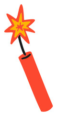 Flat design firecracker with black fuse is floating on transparent background with glowing spark
