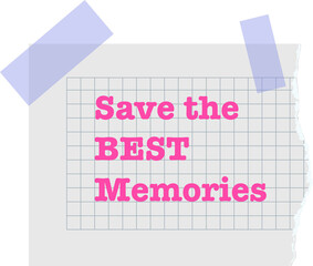 Stylized torn page is featuring pink text on grid held by purple tape on transparent background