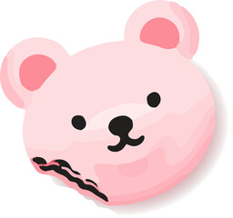 Pink bear-face macaron is showing bite mark, layered texture, flat design, transparent background