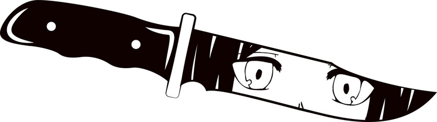 Flat hunting knife illustration is showing anime eyes on monochrome blade, transparent background