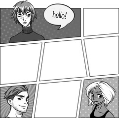 Flat comic layout is showing three smiling faces with speech bubble, tones, transparent backdrop