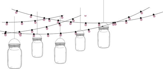 Mason jar lanterns are appearing in line art with draped fairy lights on transparent background