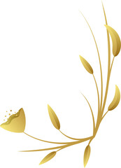 Flat design gold branch featuring curving leaves and bud dots on transparent background, copy space