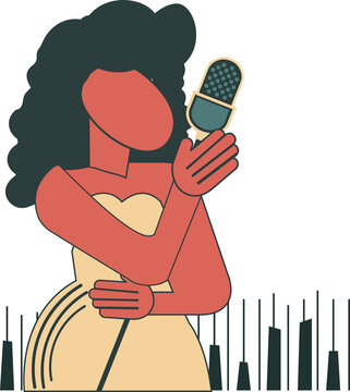 Fototapeta Female singer is holding retro mic in flat design showing piano-key bars on transparent backdrop