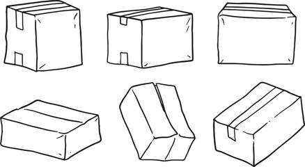 A comprehensive collection of hand-drawn cardboard boxes in various states: open, closed, taped, and crumpled. This versatile set is ideal for illustrating concepts related to packaging, shipping.