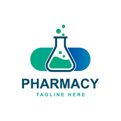 Pharmacy logo vector with Labolatory and capsule concept, suitable for pharmacy or medical care logo 
