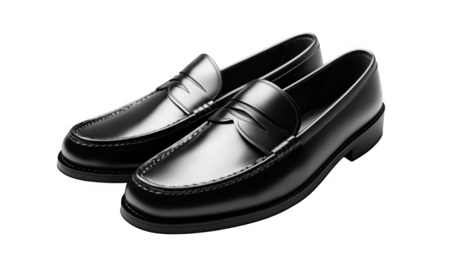 Pair of black leather penny loafers isolated on transparent background