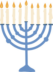 flat-style light-blue menorah showing nine candles burning orange flames on transparent background