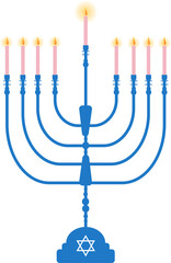 Flat blue Hanukkah menorah is showing nine lit candles with Star of David on transparent background