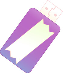 Purple USB drive tilting on transparent backdrop in vector, showing connector and blank label panel