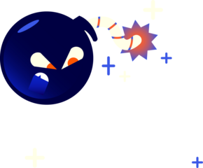 Angry cartoon bomb is burning fuse with glowing starburst in flat design, transparent background