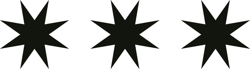 Flat design is showing three black eight-pointed star shapes side by side on transparent background