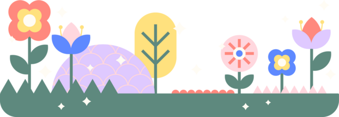 Flat vector illustration is showing flowers, tree and geometric shapes on transparent background