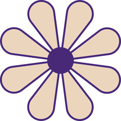 Minimalist vector daisy icon is floating on transparent canvas with beige petals and purple center