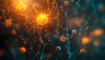 A network of glowing orange nodes connected by intricate lines.